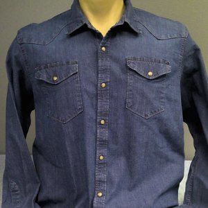 Wrangler Pearl Snap Blue Denim Button Up Shirt Long Sleeve Men's XL